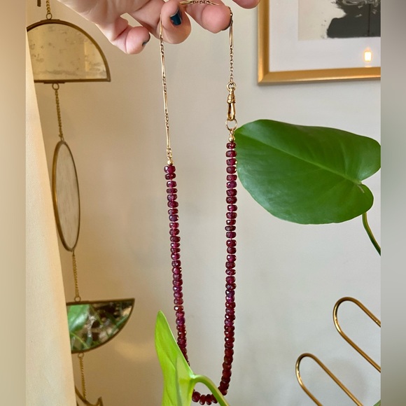 Rhodolite Garnet Hand Strung Gem Necklace With Gold Filled Antique Watch Chain - Picture 11 of 17